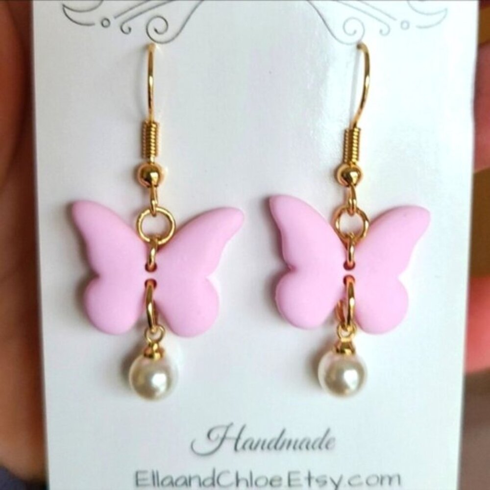 Gorgeous Gold Plated Pink Butterfly Earrings Pearl Accent Dangle Drop Earrings